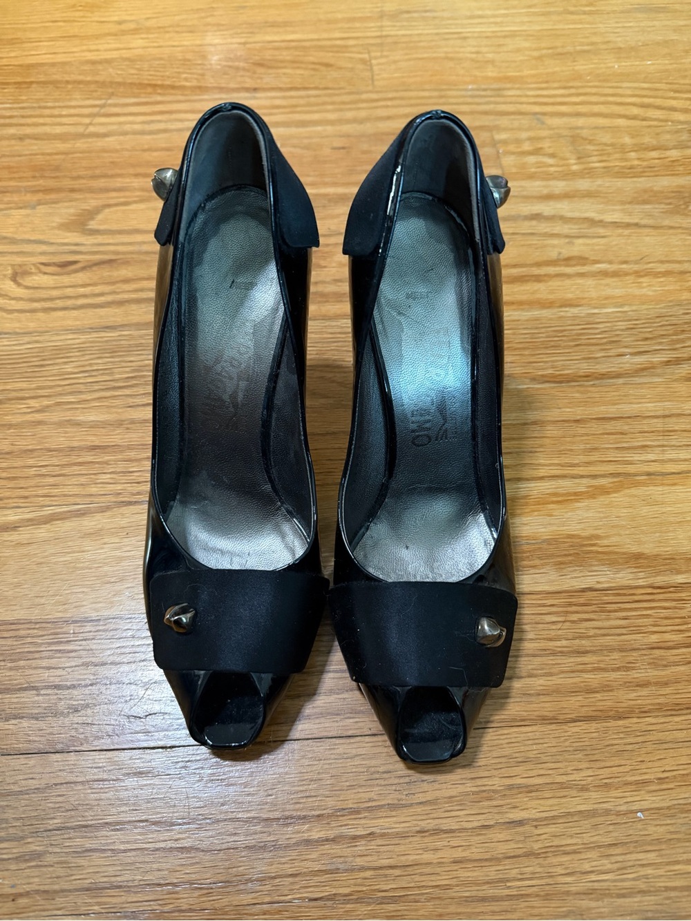 Salvatore Ferragamo Black Peep-Toe Pumps with Stud Accent